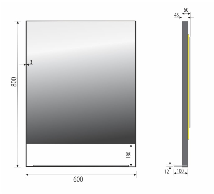 Lustro prostokątne z półką MILENA PLUS w CZARNEJ ramie z oświetleniem LED 60x80 cm rysunek