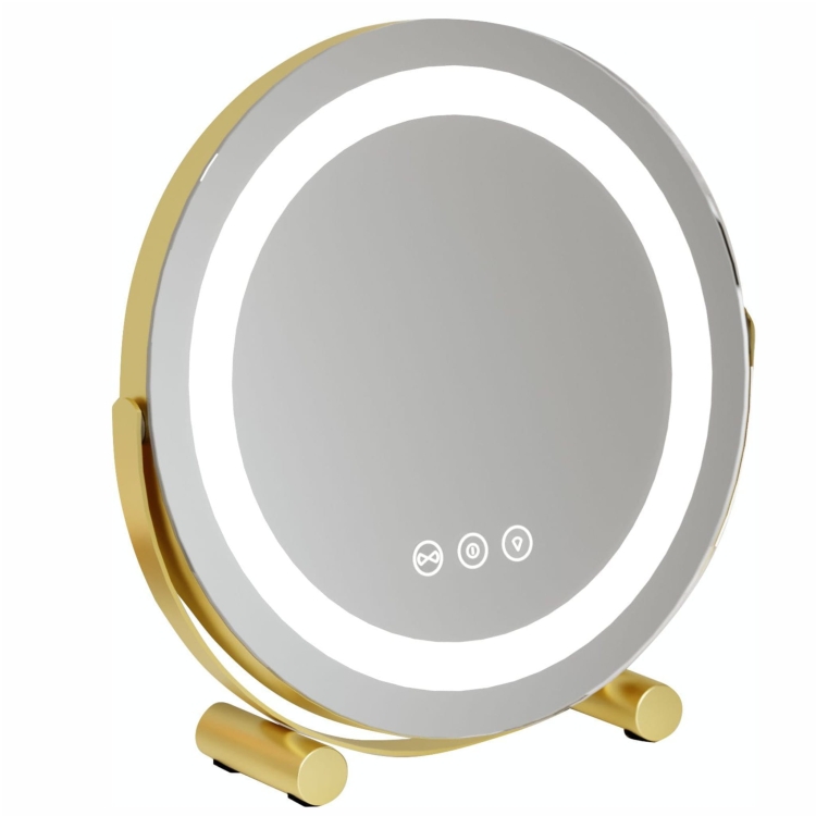 Okrągłe lusterko kosmetyczne w złotej ramie z oświetleniem LED