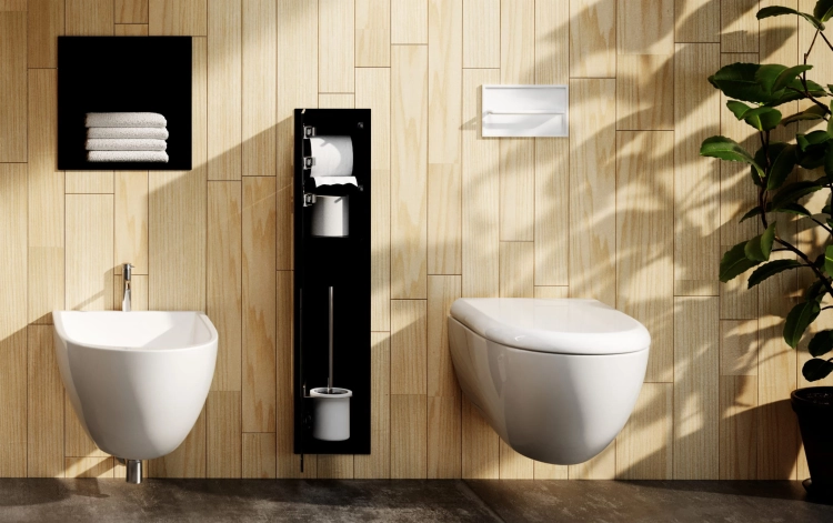 Schowek WC na szczotkę i papier toaletowy CZARNY SZKLANE DRZWI WNĘKOWY FLAT 800 LEWY w łazience