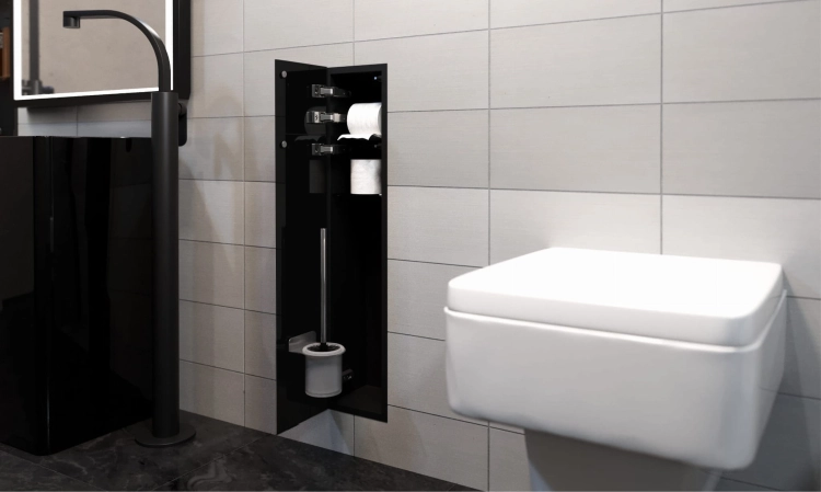 Schowek WC na szczotkę i papier toaletowy CZARNY SZKLANE DRZWI WNĘKOWY FLAT 800 LEWY w łazience