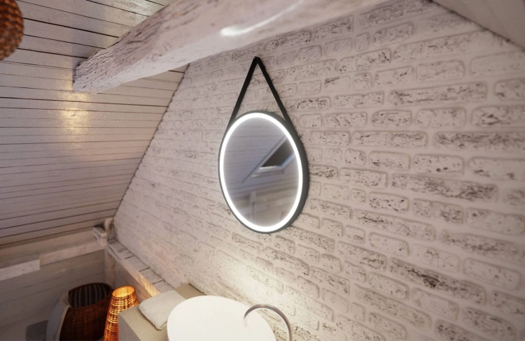 Lustro okrągłe TEXAS w CZARNEJ ramie z oświetleniem LED na skórzanym pasku fi 60cm