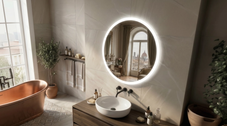 Lustro okrągłe ONYX z oświetleniem LED w aranżacji łazienki