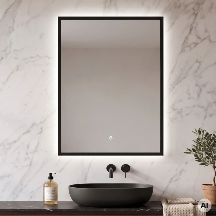 Lustro prostokątne LED ORIENT w czarnej ramie aluminiowej