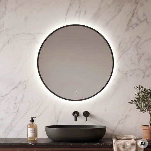 Lustro okrągłe 60 cm LANDO w CZARNEJ ramie z oświetleniem LED