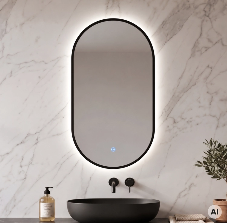 Lustro LED owalne ORIENT w RAMIE - MATA GRZEWCZA, ZMIANA BARWY ŚWIATŁA