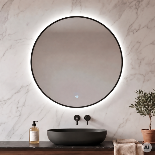 Lustro LED okrągłe ORIENT w RAMIE - MATA GRZEWCZA, ZMIANA BARWY ŚWIATŁA