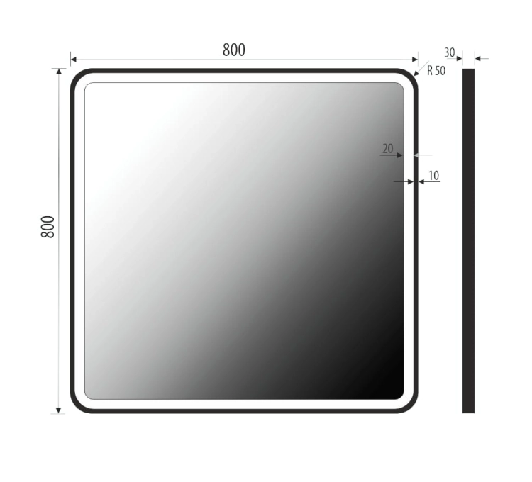 Lustro prostokątne z zaokrąglonymi rogami NINA w CZARNEJ ramie z oświetleniem LED 80x80 cm rysunek