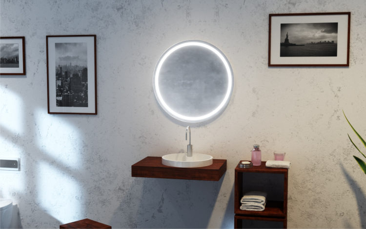 Lustro okrągłe CERCHIO R z oświetleniem LED na betonowej ścianie